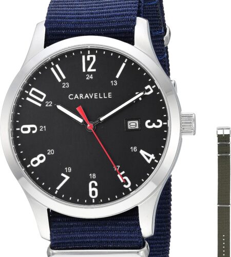 Caravelle by Bulova Traditional Quartz Mens Watch, Stainless Steel with Blue Nylon Strap, Silver-Tone (Model: 43B160)